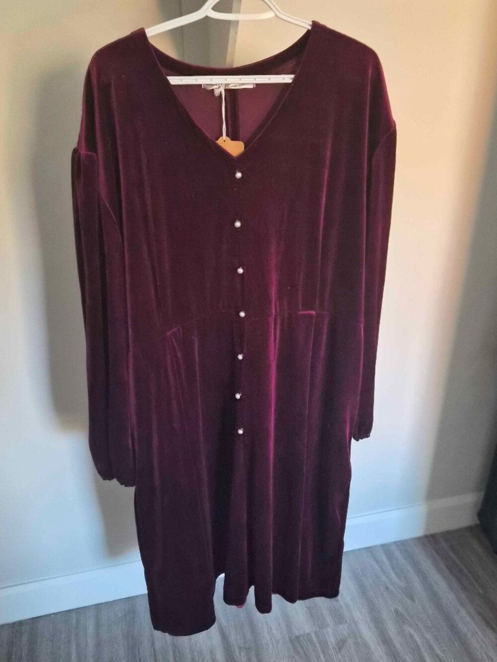 Burgundy Velvet Midi Dress with Pearl Buttons